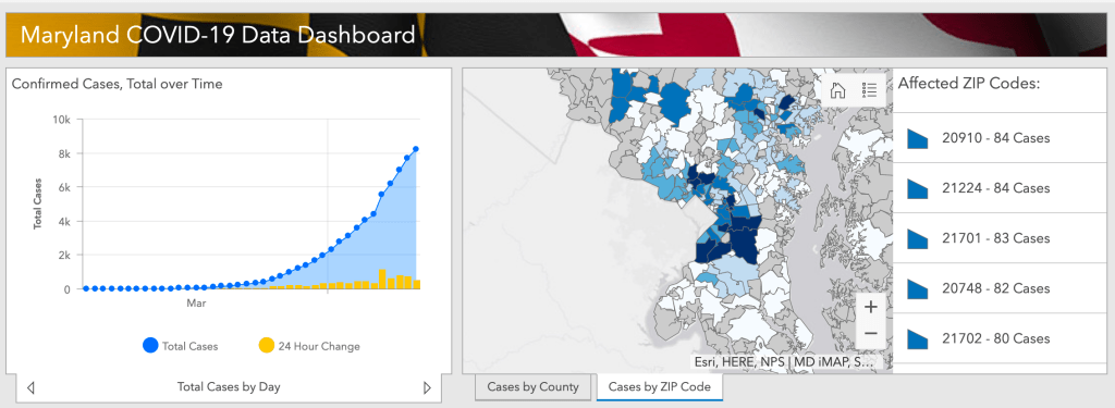 Maryland Department of Health - Coronavirus information dashboard with ZIP code information. Screenshot taken on April 12, 2020.