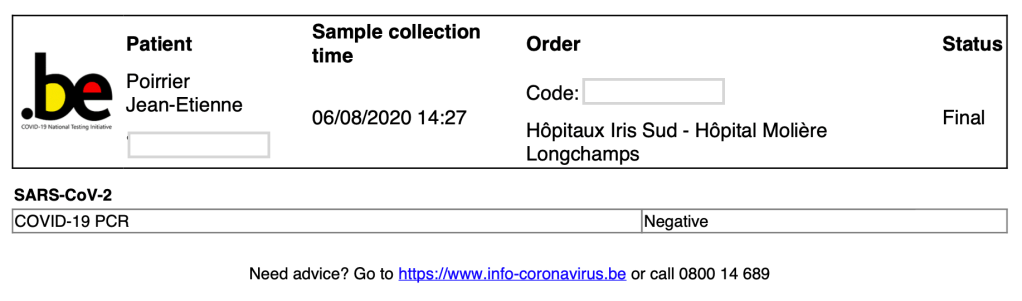 Screenshot of PDF with Belgian PCR COVID-19 test results: negative!