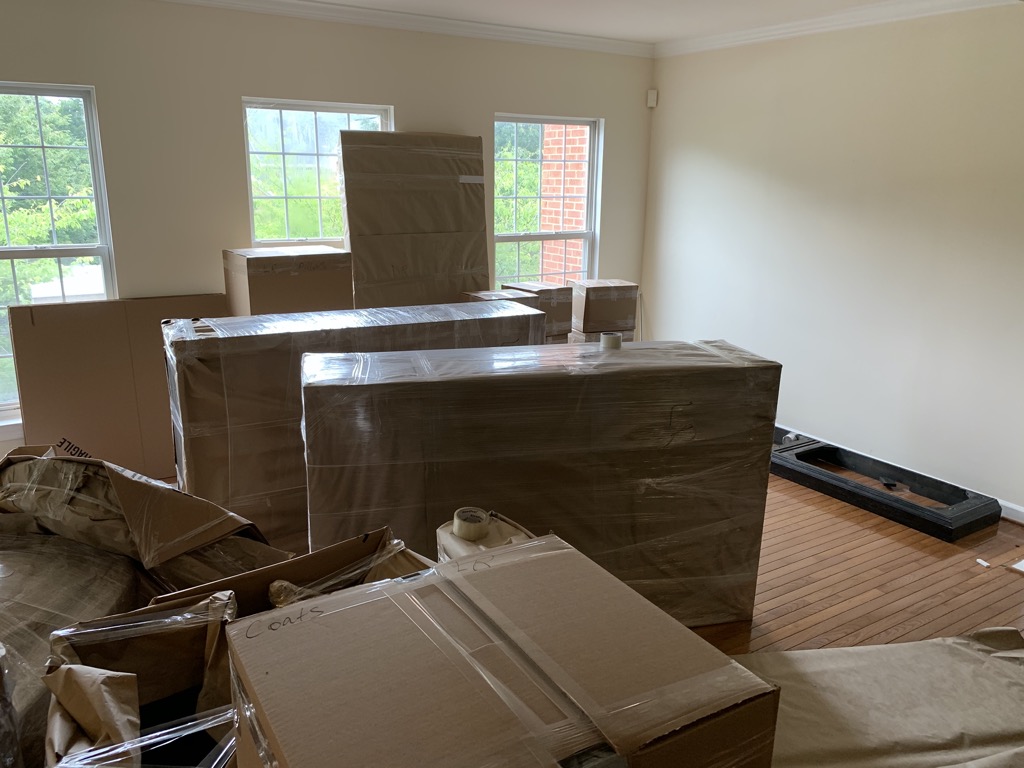 Boxes of packed furniture during our move, July 2020