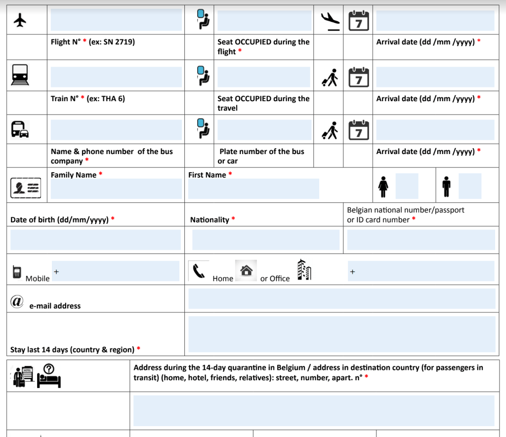 Screenshot of the Belgian Public Health Passenger Locator Form (July 2020) - for contact tracing after potential COVID-19 infection